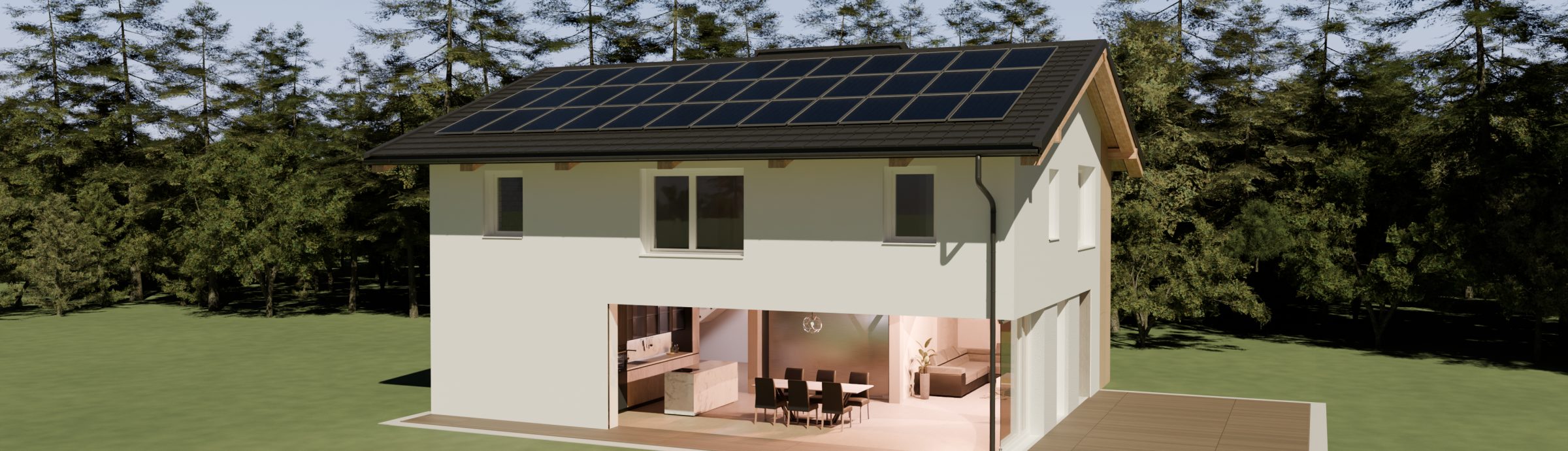 Einfamilienhaus mit Photovoltaik auf dem Dach, das Erdgeschoss zur Terrasse hin aufgeschnitten: Küche, Essbereich und in der Mitte des Hauses die Speicherwand.
