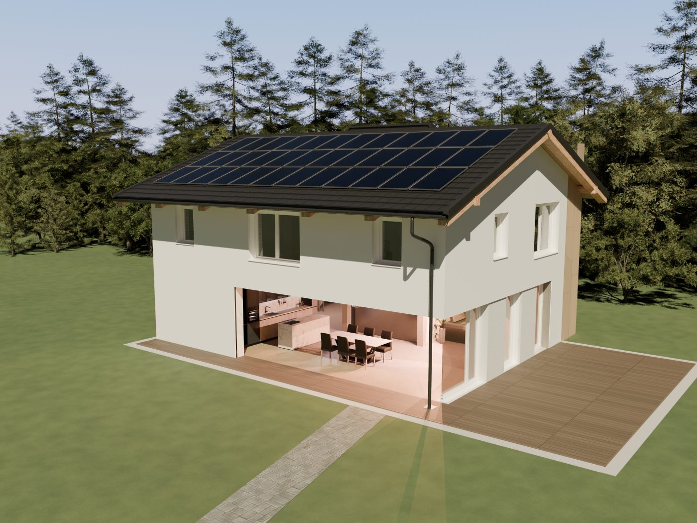 Einfamilienhaus mit Photovoltaik, das Erdgeschoss zur Terrasse hin aufgeschnitten; die Speicherwand steht in der Mitte des Hauses.