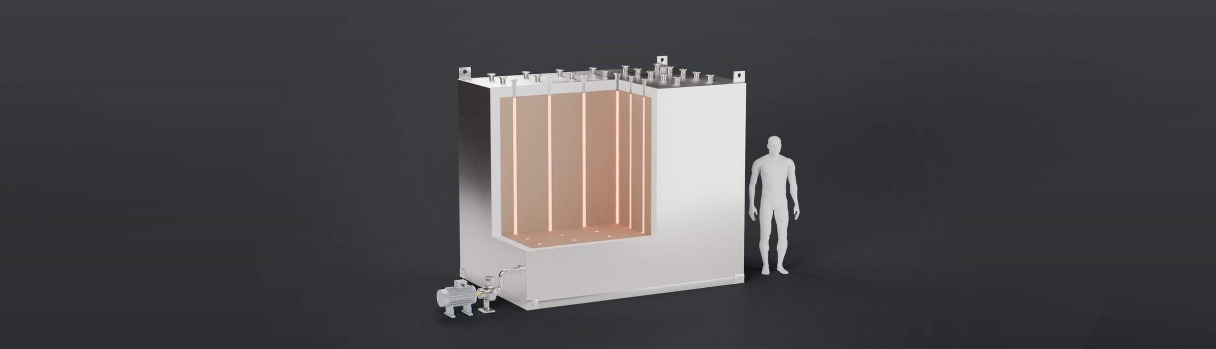 GreenHeater XL im Schnitt vor dunklem Hintergrund: Heizstäbe führen von den Anschlüssen im Deckel in den Kern, darum Isolierung, Gehäuse und Vakuumpumpe; daneben eine Person als Größenmaßstab.