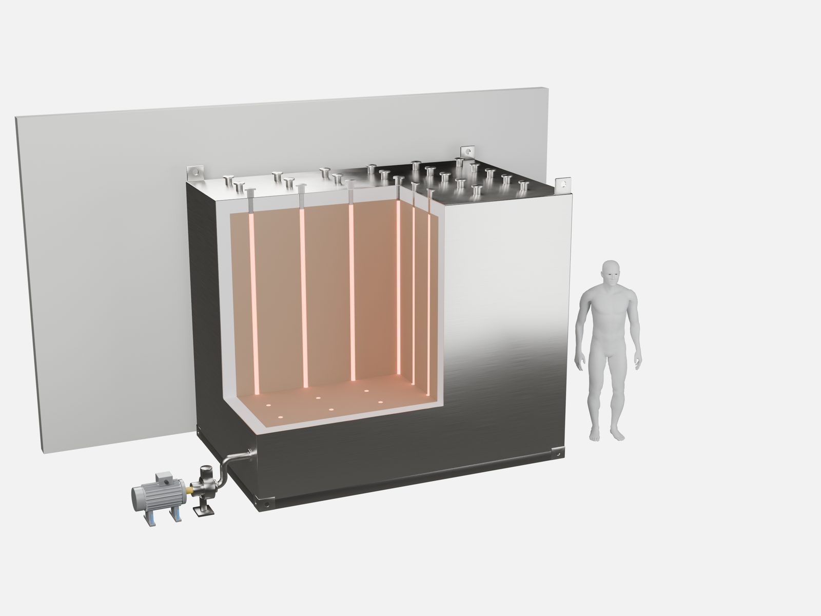 Speichereinheit im Schnitt, alle Teile zusammen: Speicherkern mit Heizstäben, Isolierung, Vakuumpumpe, Gehäuse und die Wand dahinter; daneben eine Person als Größenmaßstab.