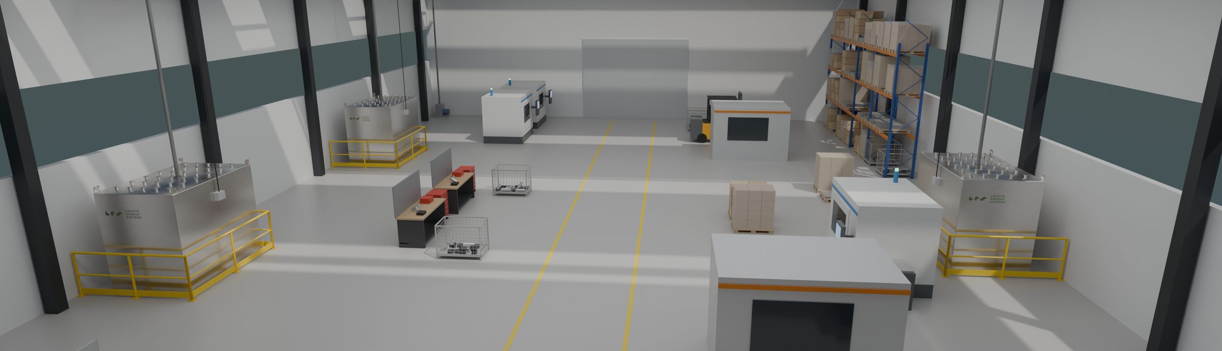 Produktionshalle mit Regalen, Maschinen und markierter Fahrgasse; drei Speichereinheiten stehen verteilt in schmalen Einhausungen, ihre Vakuumleitungen und Kabelkanäle führen nach oben unters Dach.
