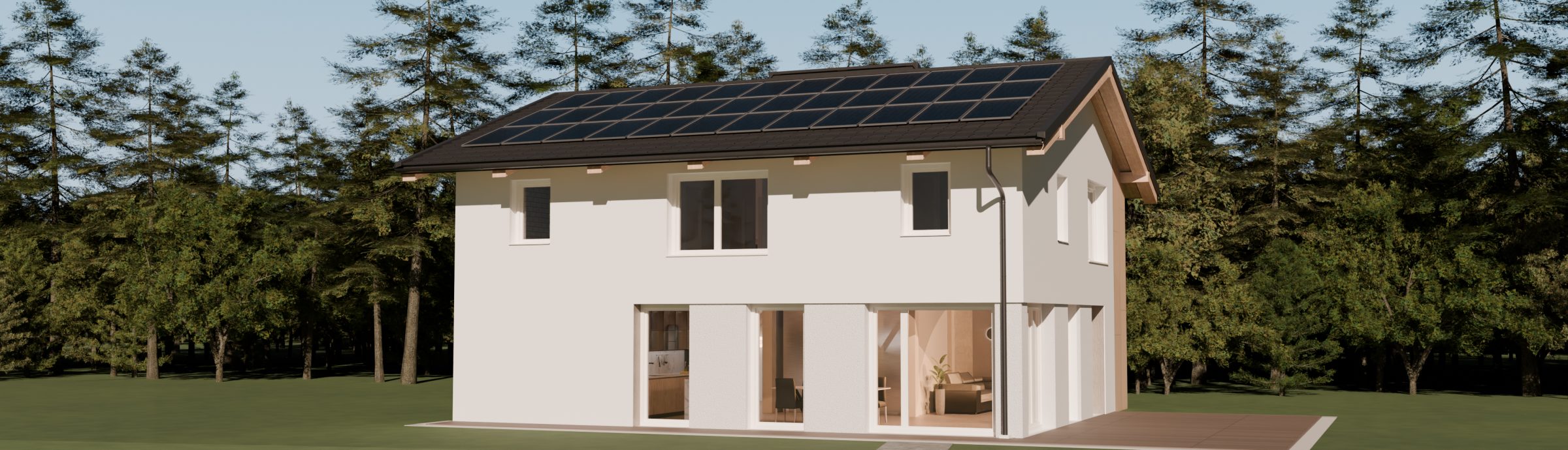 Einfamilienhaus mit Photovoltaik auf dem Dach von der Gartenseite, Nachmittagslicht.