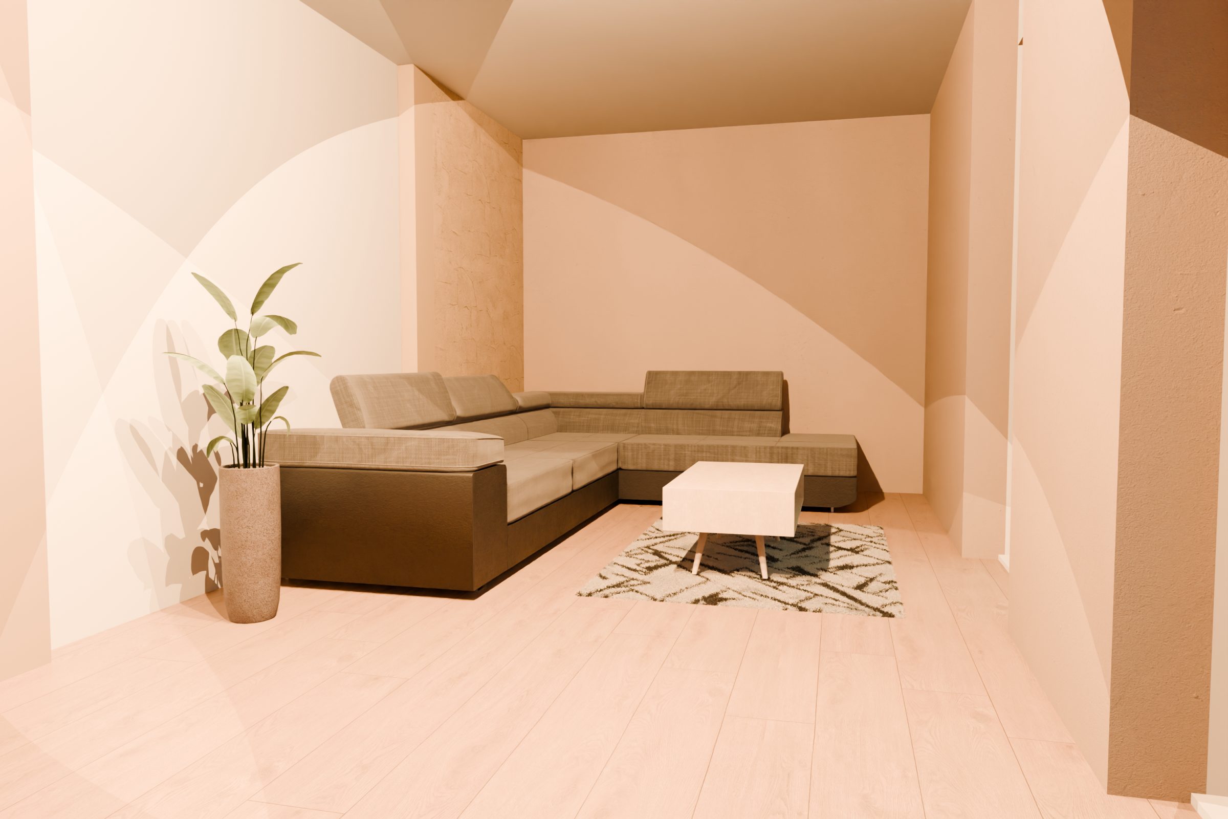 Wohnzimmer mit Ecksofa, Couchtisch, Teppich und Pflanze; keine Heizung zu sehen.
