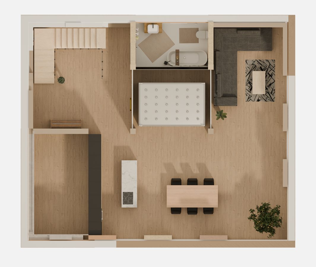 Grundriss eines Wohnhauses von oben: Die Speichereinheit steht in der Mitte des Erdgeschosses, Treppe, Bad, Wohn- und Essbereich liegen um sie herum.