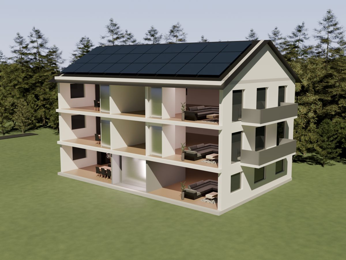 Mehrfamilienhaus mit drei Geschossen und Photovoltaik auf dem Dach, das Erdgeschoss aufgeschnitten: in der Mitte im Technikraum eine große GreenHeater-Einheit, links und rechts je eine Wohnung. Beim Scrollen schließt sich die Fassade.