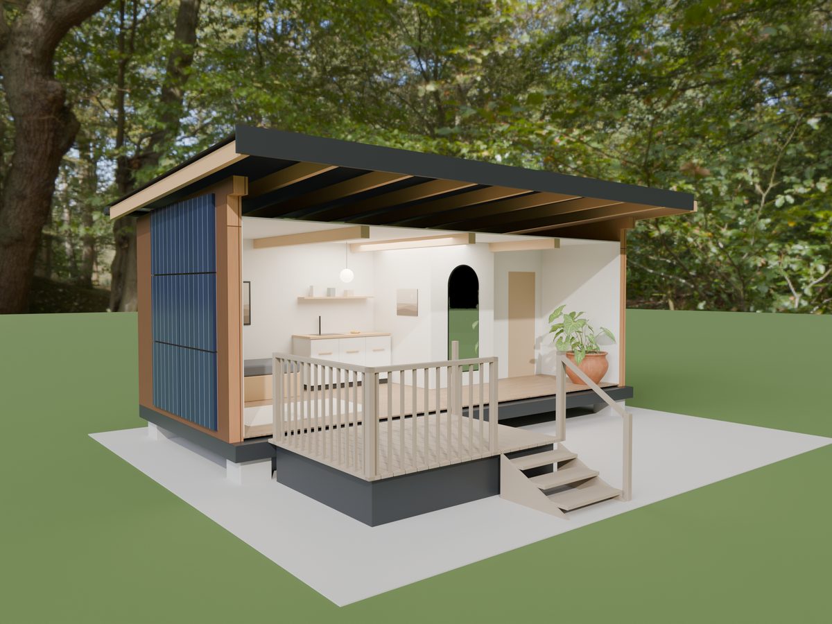 Tiny House mit Lärchenfassade, Pultdach und Photovoltaik an der Fassade; von außen ist von der Heizung nichts zu sehen.