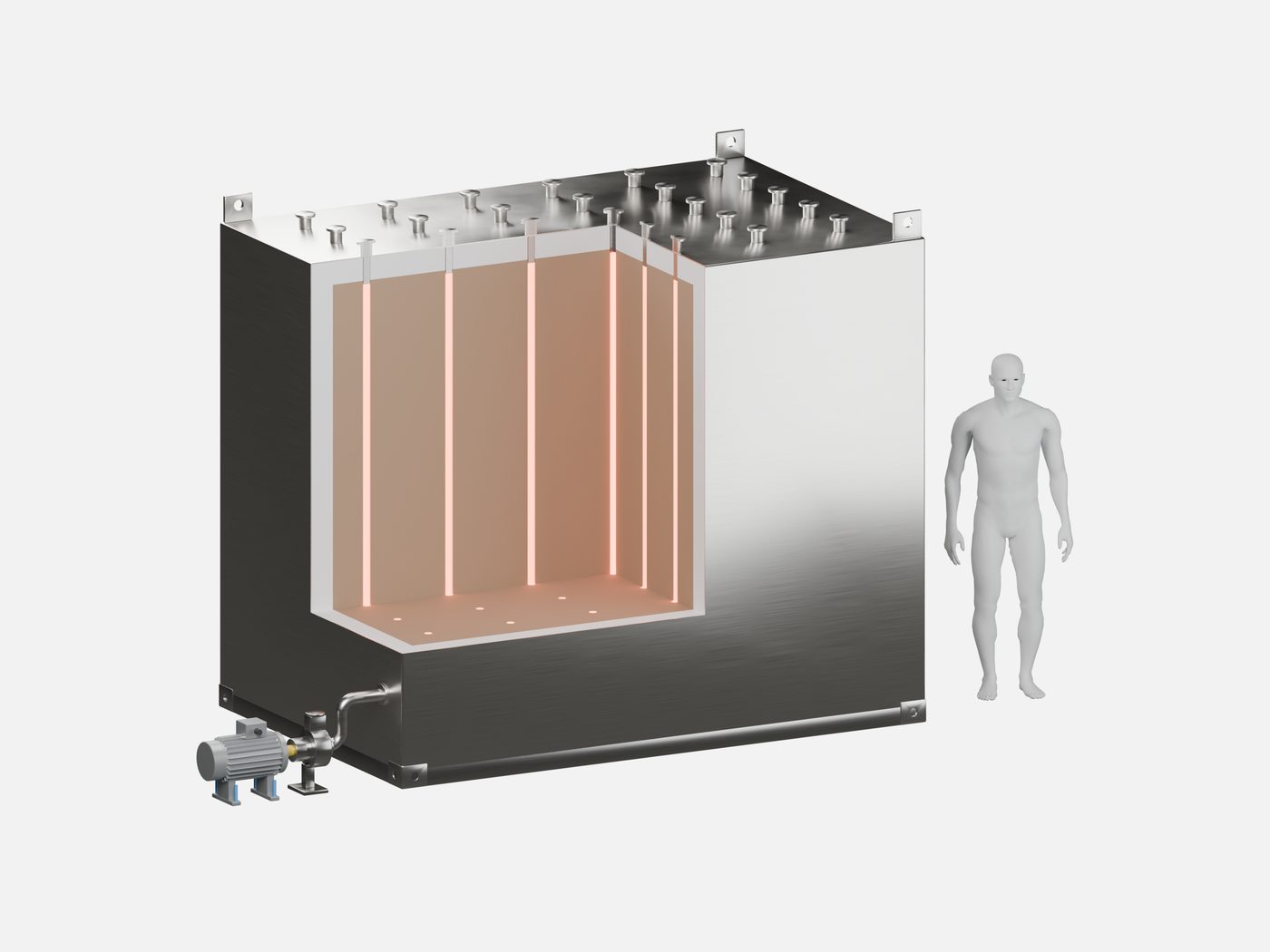GreenHeater XL aus Stahl, aufgeschnitten: Heizstäbe von den Anschlüssen im Deckel in den Kern, Isolierung und Vakuumpumpe; daneben eine Person als Größenmaßstab.