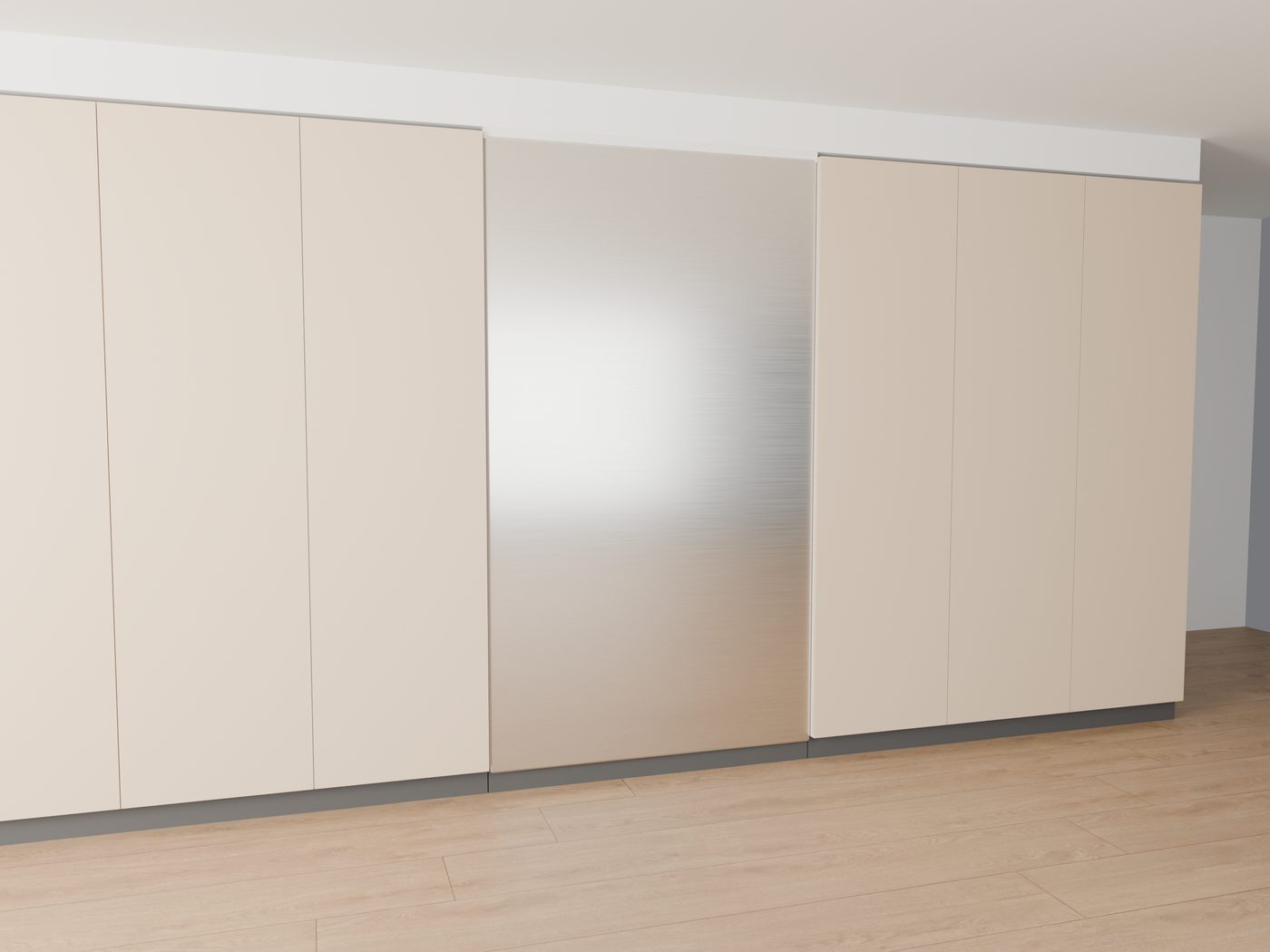 Einbauschrankwand mit hellen Fronten; der GreenHeater S steckt hinter zwei Türen bündig dazwischen und ist von den Schränken kaum zu unterscheiden.