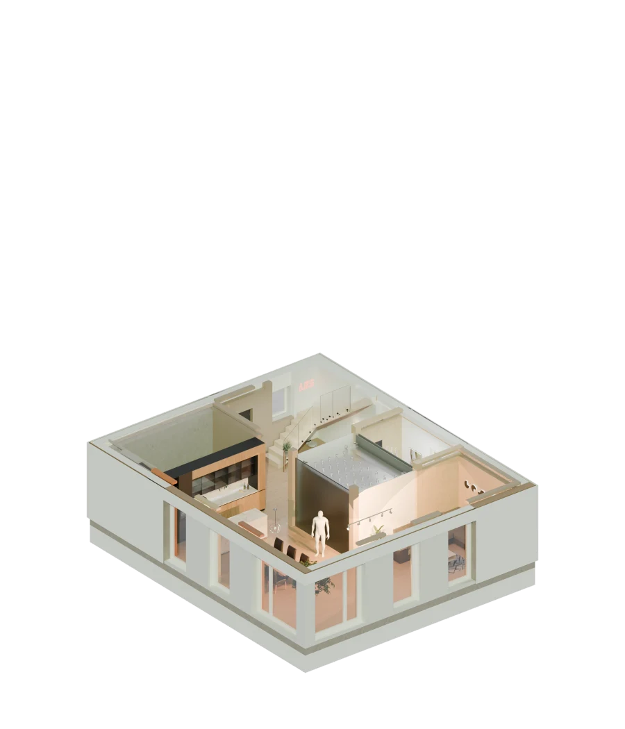Einfamilienhaus in drei Ebenen: Dach mit Photovoltaik, Obergeschoss und Erdgeschoss mit der Speichereinheit in der Mitte; beim Scrollen öffnet sich das Haus in seine Ebenen.