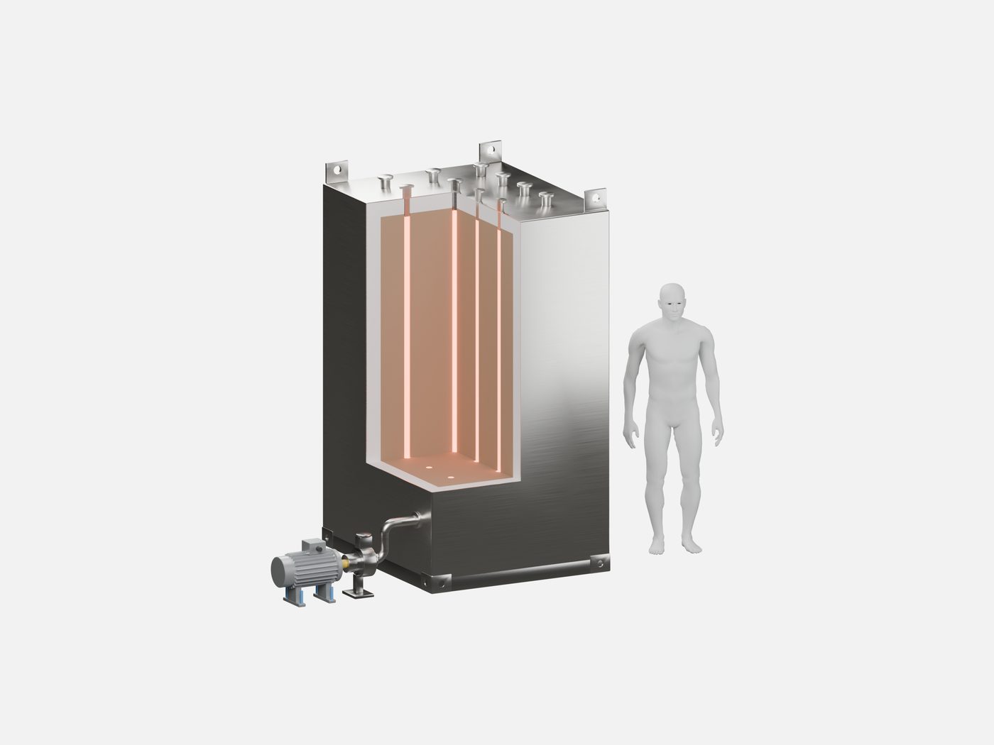 GreenHeater S aus Stahl, aufgeschnitten: Speicherkern mit Heizstäben, Isolierung und Vakuumpumpe; daneben eine Person als Größenmaßstab.